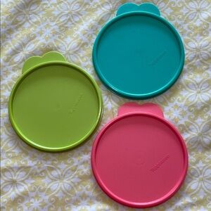 Tupperware Trio Lid Set - Teal, Lime, Coral Pink to replace your lost lids! EUC